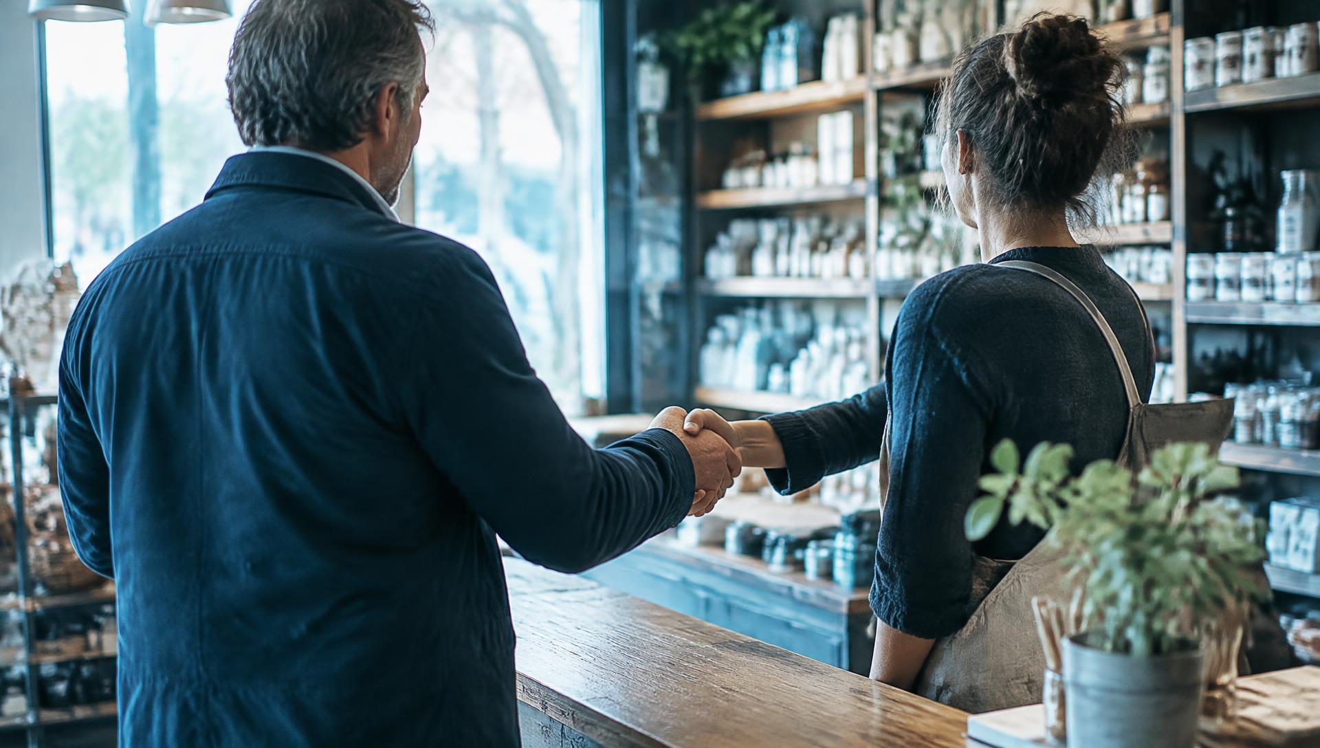 An everyday investor and a small business owner shaking hands across the counter of a bright American shop