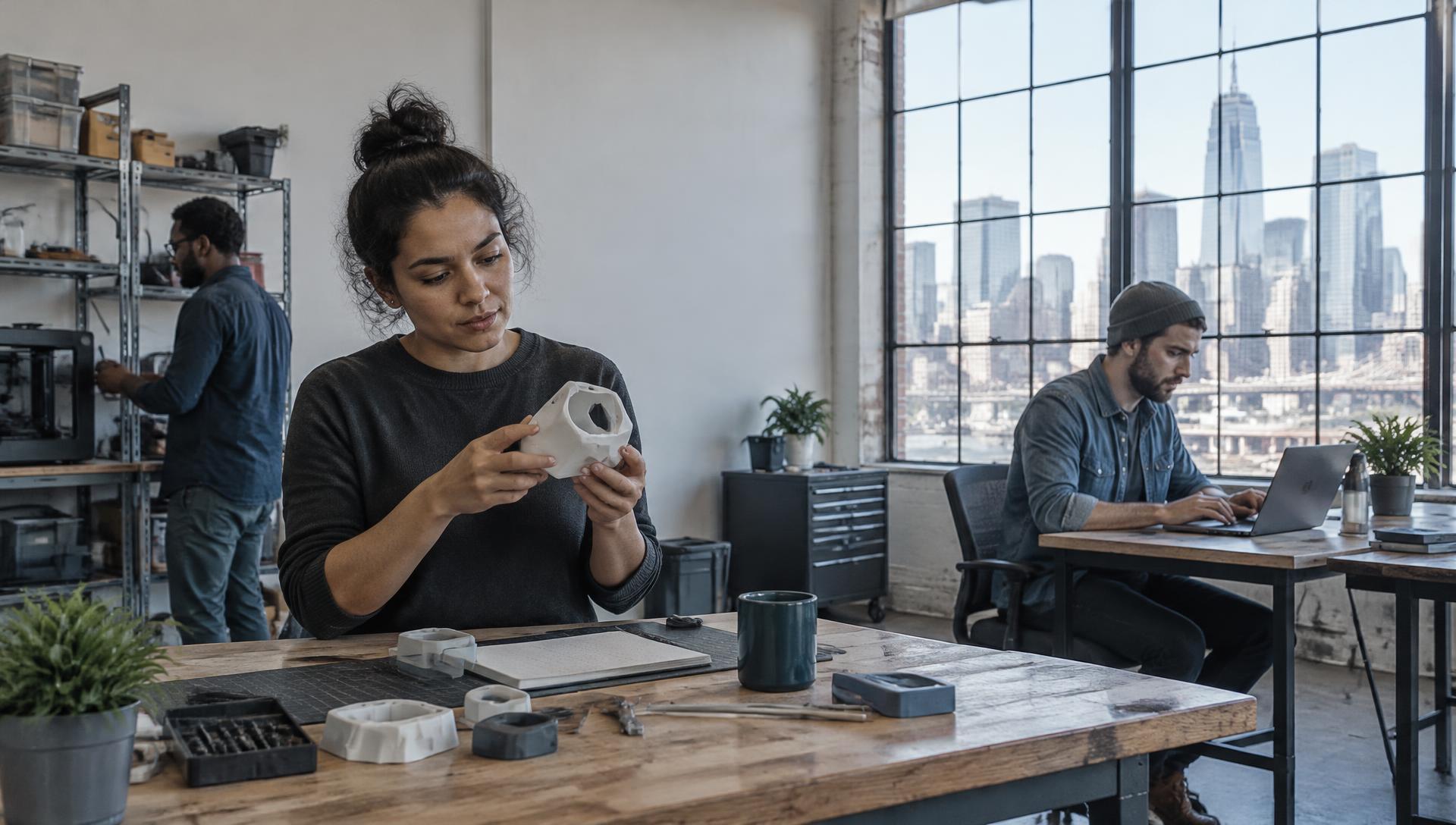 Entrepreneurs developing a product in an American startup workshop, with a city skyline beyond